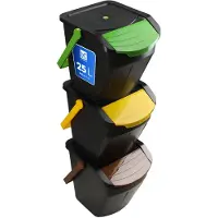 Kadax Recycling-emmer, 25 liter afvalemmer/prullenbak met deksel - afvalemmerset voor gemakkelijke afvalscheiding, afvalverzamelaar, afvalscheider voor biologisch afval, papier, glas - 3x25L