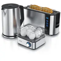 Arendo ontbijtset, 3-delig, roestvrijstalen waterkoker ELEGANT, 1,5 liter, 2200W, broodrooster FRUKOST voor 2 boterhammen en eierkoker EIGHTCOOK voor maximaal 8 eieren, zilver