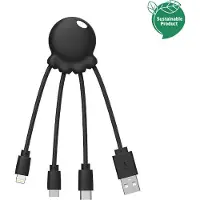 Xoopar - Octopus Recycled 3-in-1 Laadkabel – USB naar USB-C, Lightning en Micro-USB – Compacte Multilaadkabel – 0,1 m – Zwart