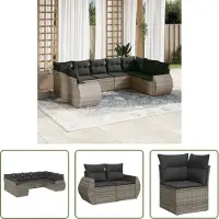 The Living Store Tuinset - Loungeset - 9-delige Loungeset met kussens poly rattan grijs - Buitendiner - Loungehoek - Poly Rattan
