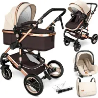 Kiduku KIDUKU- 3 in 1 combi-kinderwagen- bruin/goud- buggy incl. autostoeltje-regenhoes- inklapbaar