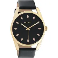 Oozoo Timepieces - goudkleurige horloge met zwarte leren band - C10842 - Ø45