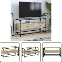 The Living Store Salontafel - Tv Kast - Tv-meubel met glazen blad 98x35x51 cm bewerkt hout sonoma eiken - Houten Tv-standaard - Media Kast - Living Room Furniture