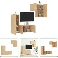 The Living Store Wandmontage - Tv-kast - 4-delige Tv-wandmeubelset bewerkt hout sonoma eikenkleurig - Houten Kast - Sonoma Eiken - Opbergruimte