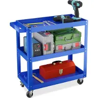 Relaxdays Werkwagen, gereedschapswagen met 3 niveaus, mobiele montagekar, belastbaar tot 100 kg, afmetingen (hoogte x breedte x diepte): 76x78x35 cm, blauw