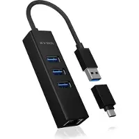 Icy Box USB 3.2 Gen 1 Type-A+C naar 3x USB 3.2 Gen 1 & 1x Gigabit LAN, aluminium, zwart