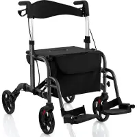 Costway inklapbare rollator, lichtgewicht met zitplaats, 2-in-1 rolstoel en reismobiliteitshulpmiddel, looprek met 6-voudige hoogteverstelling, loopwagen met tas en 2 remmen, aluminium (zwart)