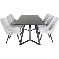 Ebuy24 MarinaBLBL eethoek eetkamertafel zwart en 6 Velvet Deluxe eetkamerstal velours lichtgrijs.