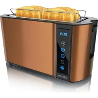 Arendo Langschlitztooster, 1500 W, geschikt voor 4 sneetjes, broodrooster met touchscreen, display met resterende tijdsaanduiding, 7 bruiningsgraden, broodjesaccessoire, roestvrij staal, koperkleurig