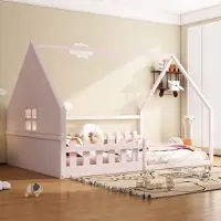 Flieks kinderbed, huisbed 140x200 cm met valbeveiliging, laagbed, tweepersoonsbed met lattenbodem, houten bed, speelbed, laagbed voor kinderkamer, roze