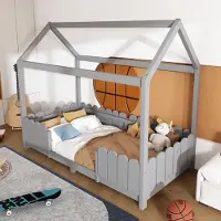 OKWISH Kinderbed, houten huisbed, bedframe 90 x 200 cm, bed in de vorm van een huis, houten huisbed, grijs