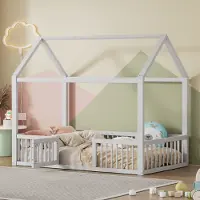 Flieks kinderbed, grondbed 90x200 cm met deur, houten bedhuisje voor kinderen met lattenbodem, enkelbed voor kinderkamer, wit