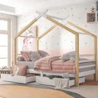 Flieks kinderbed, huisbedmodel met 2 lades, massief houten bed met lattenbodem, geschikt voor kinderkamers en tienerkamers, 90x200 cm