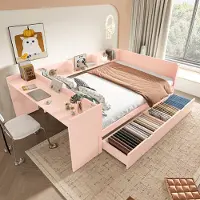 OKWISH Kinderbed, 140x200 cm, met bureau en planken, houten bed met 2 lades, bureau, zonder matras, roze