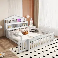 STILVORA Kinderbed 140x200 cm, massief houten bed met inlegbodems en beschermroosters, en opbergruimte. Vloerbed met krijtborden en lattenbodem, wit (inclusief matras)
