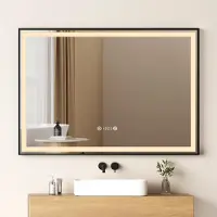 Emke LED-spiegel voor de badkamer, 100x70 cm, dimbare spiegel met klok en anti-condensfunctie, zwarte rand