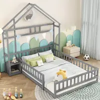 Merax kinderbed 140x200 cm met valbeveiliging, nachtkastje en lattenbodem, vloerbed, massief houten bed, geschikt voor eenpersoons- en tweepersoonsbed, huisbed, grijs