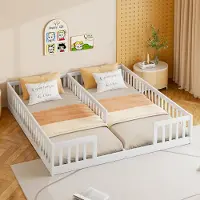 Flieks kinderbed, eenpersoonsbed voor 2 kinderen, laag bed 90x200 cm * 2, houten bed, speelbed met lattenbodem, kinderbed met valbeveiliging, wit