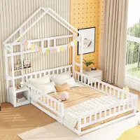 Merax kinderbed 140x200 cm met valbeveiliging, nachtkastje en lattenbodem, grondbed, massief houten bed, geschikt voor eenpersoons- en tweepersoonsbed, huisbed, wit