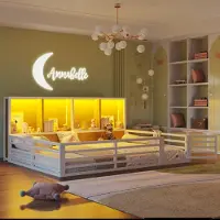 Merax kinderbed, 140x200 cm, met spijlen, LED-verlichting, grote opbergvakken, laag bed, plat bed, ijzeren bed, tienerbed, wit