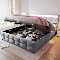 STILVORA Gestoffeerd tweepersoonsbed 180x200, bedframe met opbergruimte en LED-verlichting, jongerenbed met lattenbodem en rugleuning, inclusief matras, grijs