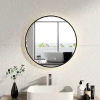 Emke badspiegel met verlichting, ronde LED-spiegel met touchbediening en klok, badspiegel met zwarte rand, diameter 60 cm, traal wit