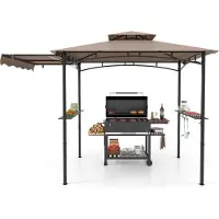 Costway Grillpaviljoen met zijschermen, dubbel dak, 2 zijplanken en haken, tuinpaviljoen voor barbecues, weerbestendig, 318x153x250cm, bruin