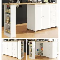 Flieks Eettafel, draaibaar 360°, bar/ontbijttafel, serveerwagen, keukeneiland met lade, rechthoekige tafel, serveerwagen, 138/209x39 cm, wit