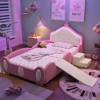 Merax kinderbed, 90x200 cm, met LED-verlichting, glijbaan en trap, bekleed met Polyurethanmateriaal met zachte randen, houten lattenbodem en verwisselbare bekleding, roze