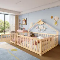 Merax kinderbed, 140x190 cm, laag bed met sierlijst, spijlen met slot, massief grenenhouten bed, grondbed, naturel