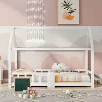 Merax kinderbed 90 x 200 cm, huisbed met tafel en valbeveiliging, lattenbodem en omheining, eenpersoonsbed voor meisjes en jongens, gemaakt van massief grenenhout, wit