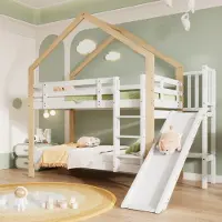 Flieks etagesbed met valbeveiliging, kinderbed met glijbaan en ladder, hoogslaper met lattenbodem, houten huisbed, stapelbed 90x200 cm, wit