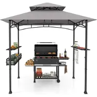 Costway Grillpaviljoen, weerbestendig, grilloverkapping met dubbel dak, zijplanken, metalen mand, haken en flesopener, afmetingen 242x153x250 cm