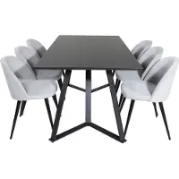 Ebuy24 MarinaBLBL eethoek eetkamertafel zwart en 6 Velvet eetkamerstal fluweel lichtgrijs, zwart.