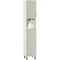 SoBuy Hoge Meerlaagse Badkamerkast BZR137-GR - Uitklapbare Wasmand - 31 x 30 x 167 cm - Groen met Wit