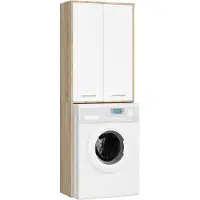 Akord Badkamerkast voor Wasmachine FIN / Hoge Wasmachinekast met 2 Deuren / Furniture Factory / Sonoma Eik - Wit / 64 x 180 x 30 cm
