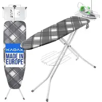 Kadax Inklapbare strijkplank, 120 x 38 cm, stoomstrijkplank met stopcontact, strijkplank met antislip voeten, in hoogte verstelbare strijkplank met strijkplank (geruit)