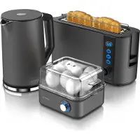 Arendo ontbijtset, 3-delig, roestvrijstalen waterkoker ELEGANT, 1,5 liter, 2200W, broodrooster met lange sleuven voor 2 boterhammen en eierkoker EIGHTCOOK voor maximaal 8 eieren, kleur: cool grijs