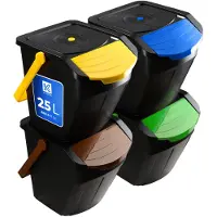 Kadax Recycling-emmer, 25 liter afvalemmer/prullenbak met deksel - afvalemmerset voor gemakkelijke afvalscheiding, afvalverzamelaar, afvalscheider voor biologisch afval, papier, glas - 4x25L