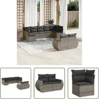 The Living Store Tuinset - Loungeset - 9-delige Loungeset met kussens poly rattan grijs - Lounge - Outdoor Furniture - Patio Set