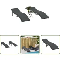 The Living Store Lounge Stoel - Ligbed - Ligbedden 2 st met tafel poly rattan grijs - Tuinset - Buitendrankset - Relaxstoel