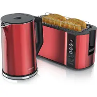 Arendo ontbijtset, 2-delig, keukenapparatuurset met roestvrijstalen waterkoker ELEGANT, 1,5 liter, temperatuurregeling, en broodrooster FRUKOST, 4 sleuven, broodjesaccessoire, metallic rood