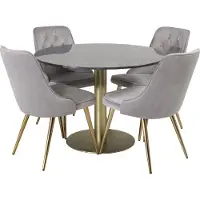 Ebuy24 EstelleØ106BLBR eethoek eetkamertafel zwart, marmer en 4 Velvet Deluxe eetkamerstal velours lichtgrijs, messing decor.