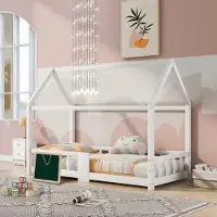 Merax kinderbed 90x200 cm met valbeveiliging en lattenbodem, huisbed met tafel en dak, bed van grenenhout, eenpersoonsbed voor kinderen en tieners, wit