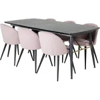 Ebuy24 Gold eethoek eetkamertafel uitschuifbare tafel lengte cm 180 / 220 zwart en 6 Velvet eetkamerstal fluweel roze, zwart.