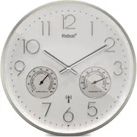 Mebus radiogestuurde wandklok met thermometer en hygrometer, stil, zilveren frame, wit, model 12989 - Precisie en comfort