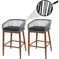MCW Set van 2 Touw barkrukken -O22, buiten zitkussen touw vlechtwerk metaal hout-look ~ lichtgrijs, donkergrijs kussen