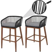 Mendler Set van 2 Touw barkrukken -O22, buiten zitkussen touw vlechtwerk metaal hout-look ~ antraciet, kussen lichtgrijs