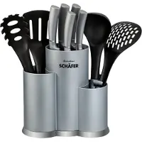 Schaefer 11-delig messenblok, hoogwaardige messen set met borstelhouder, broodmes, spaghetti lepel, accessoires, zilver