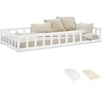 Homestyle4u Kinderbed 90x200 met matras, laag bed met valbeveiliging, Montessori bed, peuterbed, houten bed, massief hout, wit, eenpersoonsbed, lattenbodem